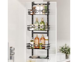 PromoHome Douche Caddy Ophangend Zwart - 4-laags over de Deur Badkamer Organizer met Verstelbare Planken, 22 Haken en Zeephouder