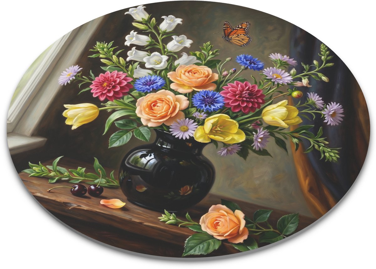 Ronde muismat met vrolijk bloemenstilleven bij raam, zwarte vaas, witte campanula, abrikoosrozen, blauwe korenbloemen, framboosdahlia's, gele tulpen, lila asters en vlinder