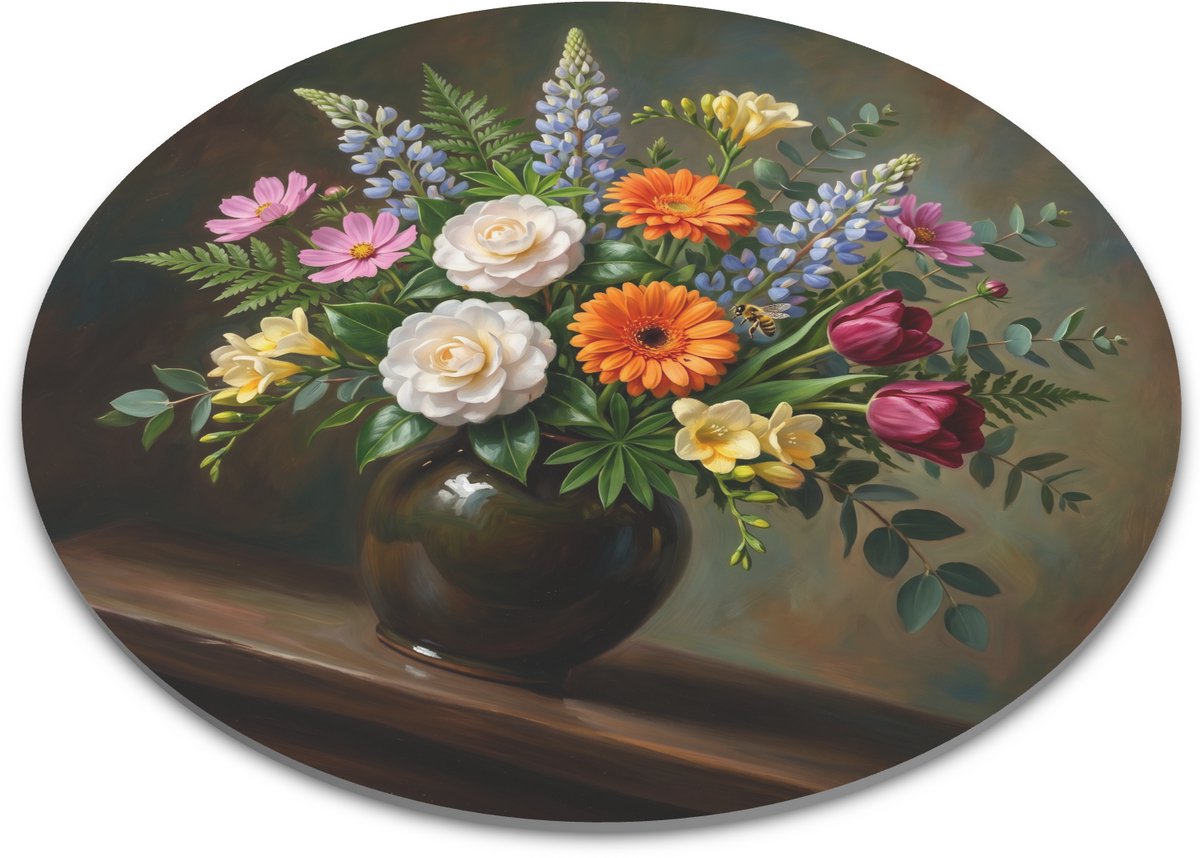 Ronde muismat bloemen stilleven met donkere ronde vaas, witte camelia’s, oranje gerbera’s, blauwe lupines, roze cosmos, rode tulpen, gele fresia’s en bij voor bureau, thuiswerkplek en botanisch cadeau voor bloemenliefhebber