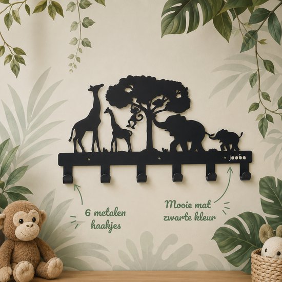 Zwarte metalen kinderkapstok met 6 haken, met een mooie matte zwarte kleur en een jungle silhouet.