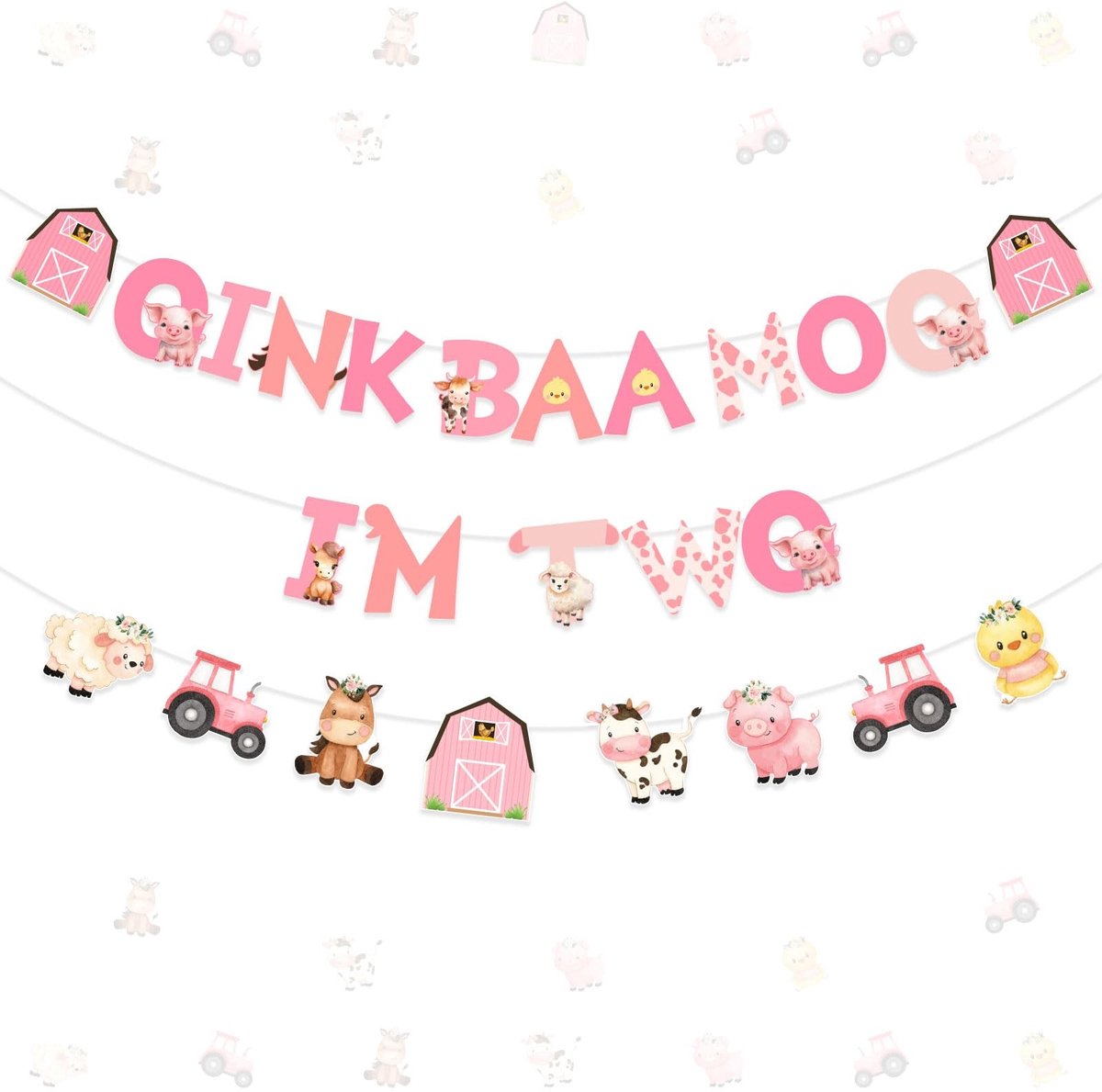 Dailygoods- Verjaardagdecoraties Roze Boerderijthema - 17 Stuks Banner - 8 Stuks Feestslinger - Tweede Verjaardag - Dieren Decoratie - Charmante Set - Feestdecoratie