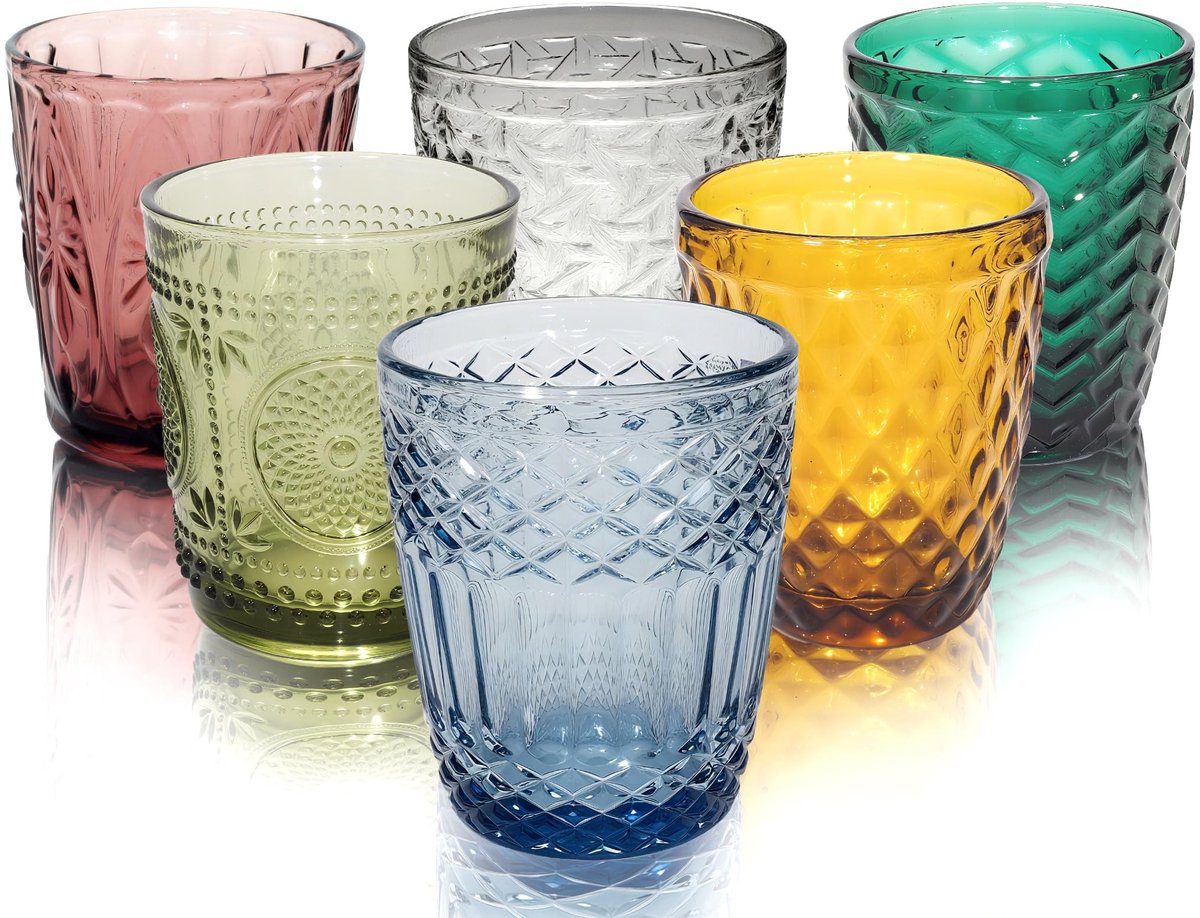 Dailygoods- Drinkglazen Set van 6 - Vintage Diamant-Design - Dikwandige Waterglazen - Vaatwasserbestendig - Gekleurde Sapglazen - 265-300ml Inhoud - Waterbekers