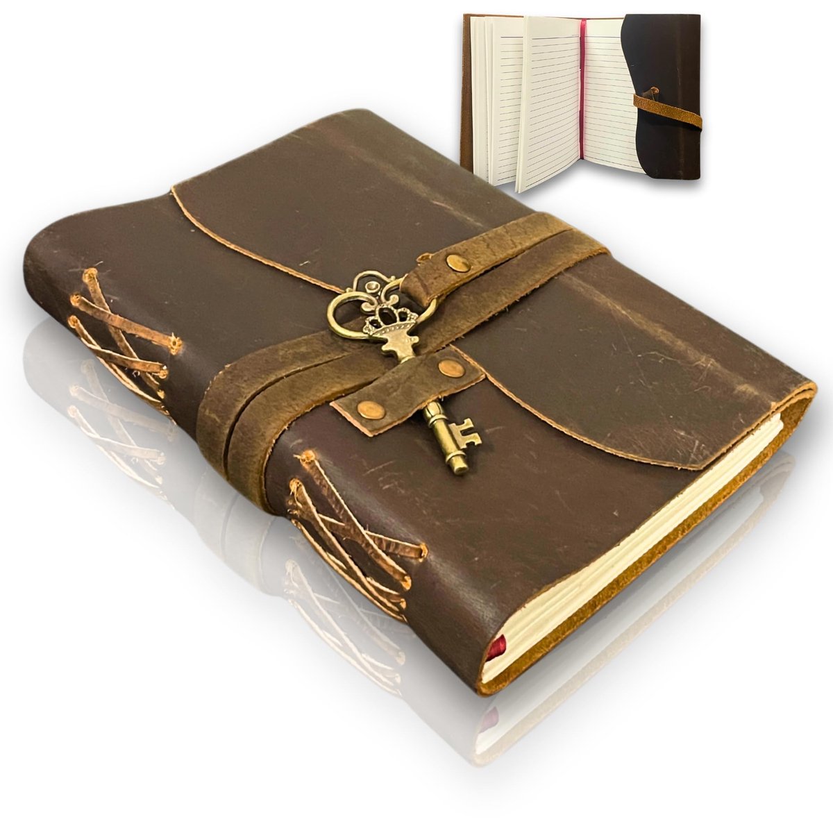 Dailygoods- Notitieboek Vintage - Leren Dagboek met Sleutelslot - Handgemaakt - Luxe Omslag - Gelijnde Pagina's - Perfect Cadeau voor Dames en Heren
