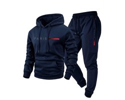 Donkerblauw fitness trainingspak heren hoodie en jogging broek sport pak met capuchon trekkoord elastische tailleband trainings set vrijetijds pak maat L