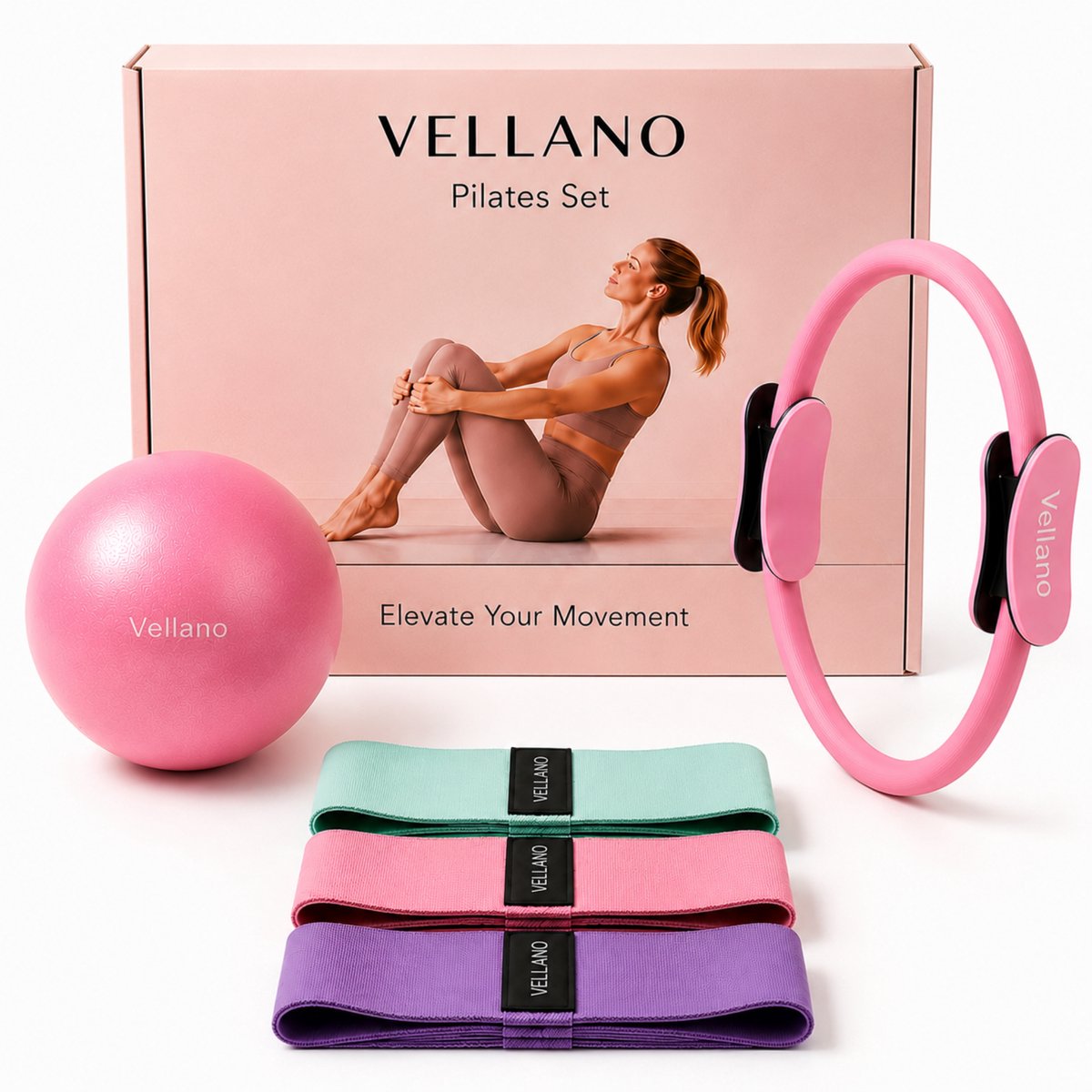VELLANO® Pilates Set 5-delig – Inclusief Pilates Ring, Bal, Weerstandsbanden & Pomp – Complete Full Body Workout voor Thuis