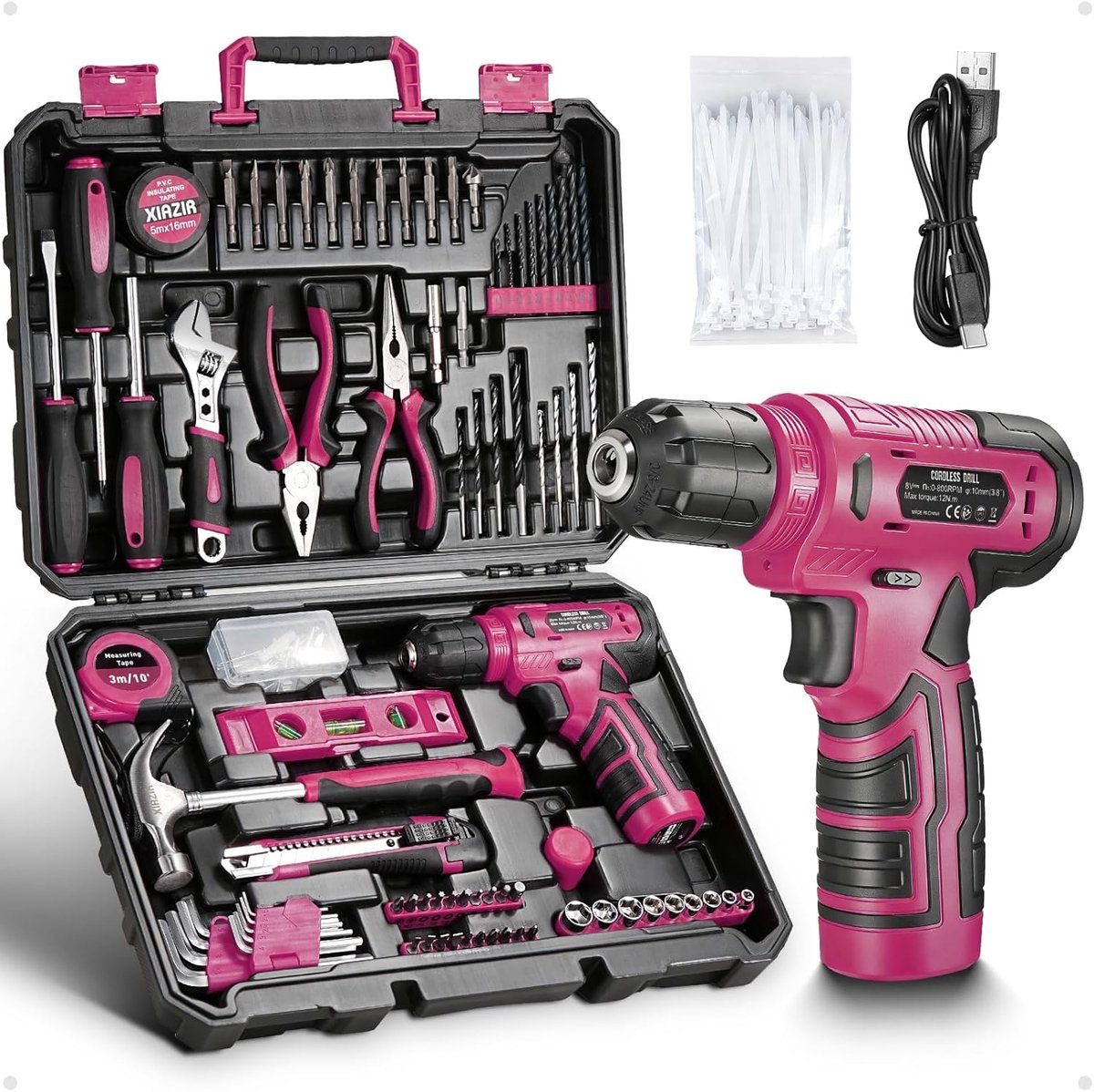 Gereedschapsset met boormachine - Handgereedschap set - Huishoudelijke reparaties - 233-delig compleet - 12 Nm koppel - Roze