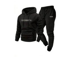 Zwart fitness trainingspak heren hoodie en jogging broek sport pak met capuchon trekkoord elastische tailleband trainings set vrijetijds pak maat L