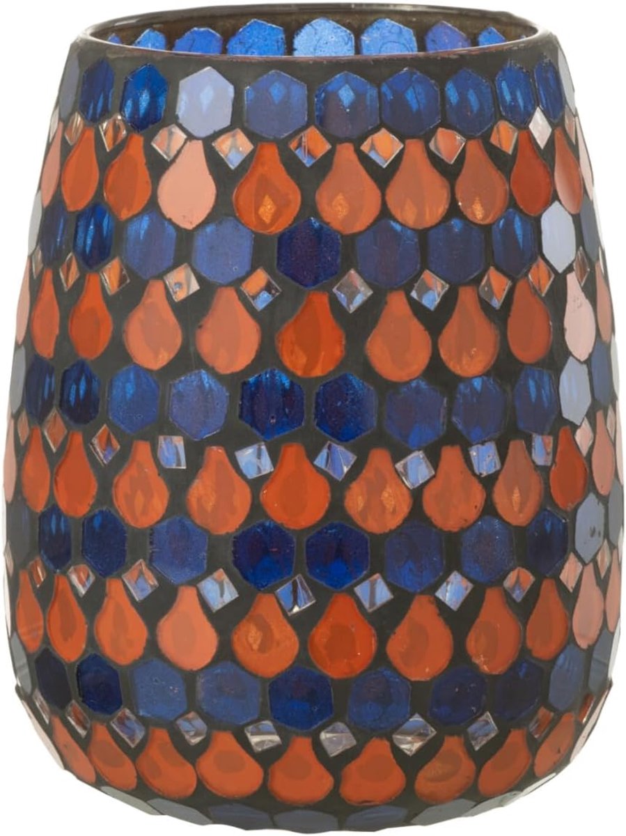 Windlicht Mozaïek - Glazen Vaas - Sfeerverlichting Thuis - Handgemaakt Design - Medium Formaat - Oranje Blauw