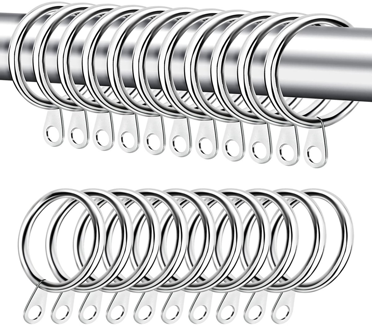 Dailygoods- Gordijnringen 40 Stuks - Metalen Gordijnringen - Buitendiameter 37 mm - Binnendiameter 30 mm - Geschikt voor Gordijnroede tot 27 mm - Zilver Gepolijst - Gordijnhaken
