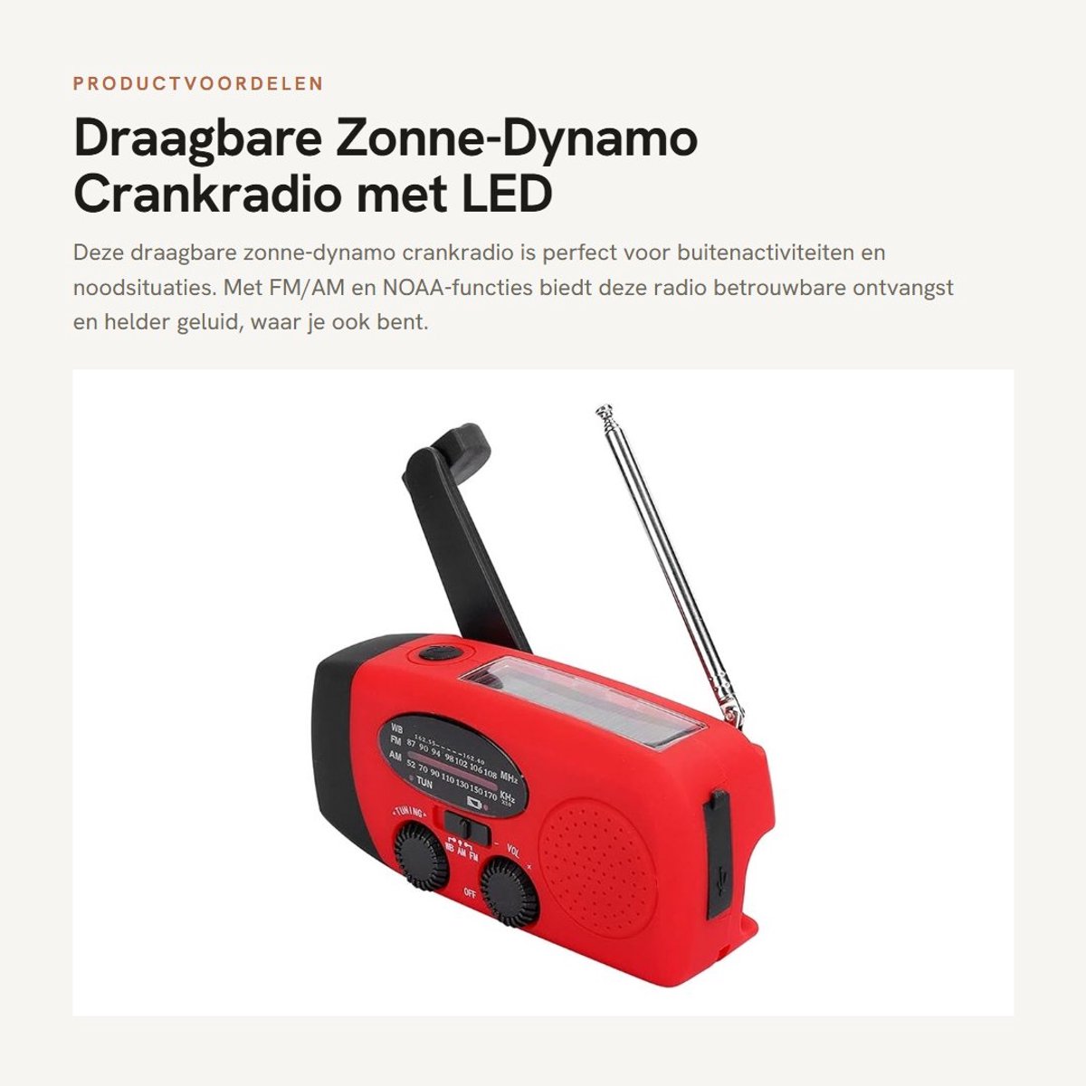 Dailygoods- Zonne-radio Draagbaar - FM/AM/NOAA Ontvanger - LED Zaklamp - 360 Graden Antenne - Eenvoudige Bediening - Schokbestendig - Crankradio