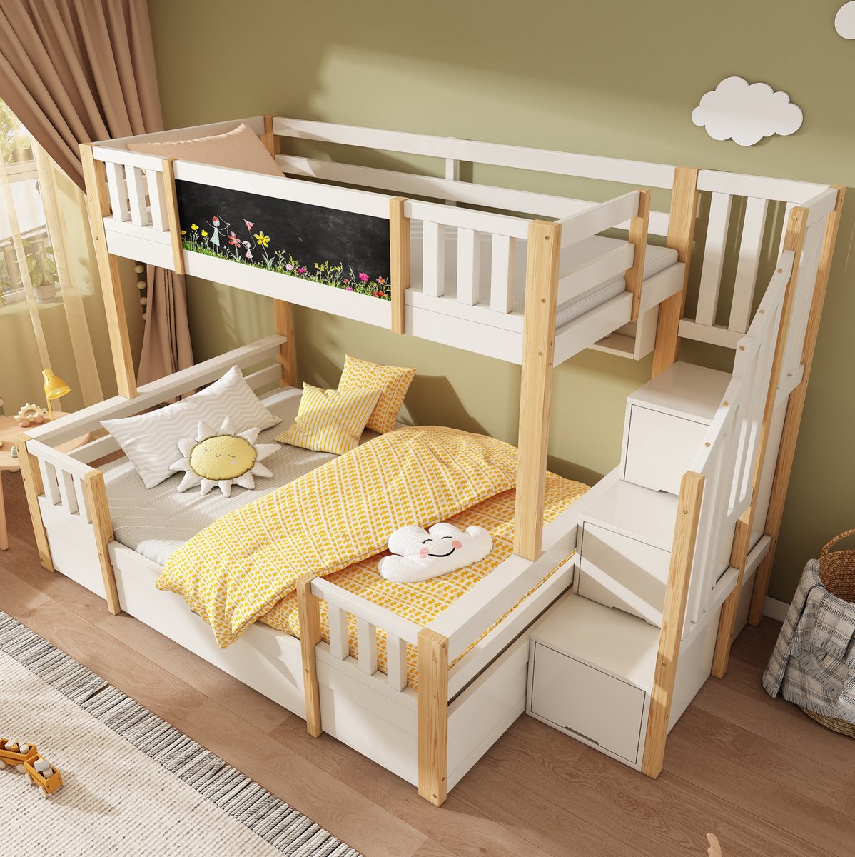 MEUNIQ stapelbed 90x200 en 140x200 met krijtbord, opbergtrap, open vakken en lades, kinderbed voor 3 slaapplaatsen, wit en naturel