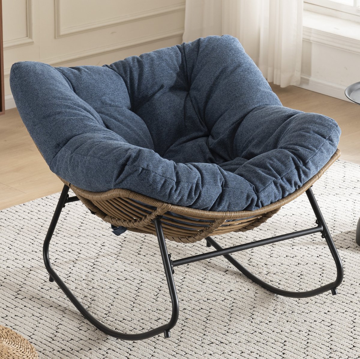 Schommelstoel - Chenille Accent Fauteuil - Ergonomisch Met Gewatteerde Zitting En Metalen Frame - Voor Woonkamer En Slaapkamer - Blauw
