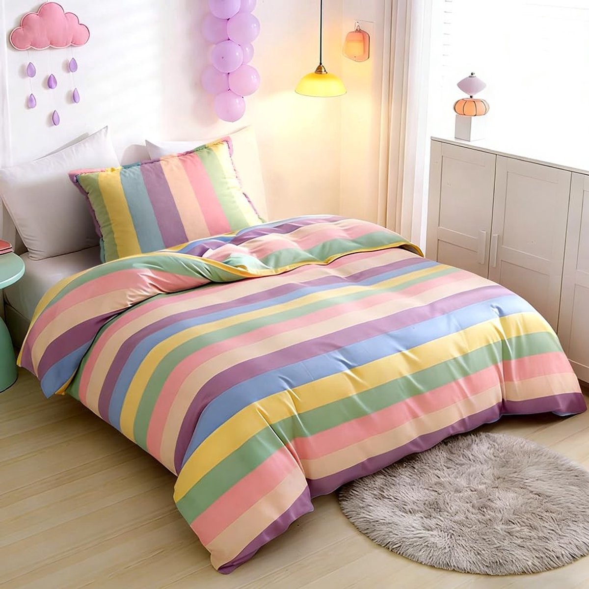 Dailygoods - Kinderbeddengoedset 135 x 200 cm, meisjesbeddengoed, meerkleurig, regenboogstrepen, dekbedovertrek met kussensloop 80 x 80 cm, slaapkamer, geschenken voor kinderen