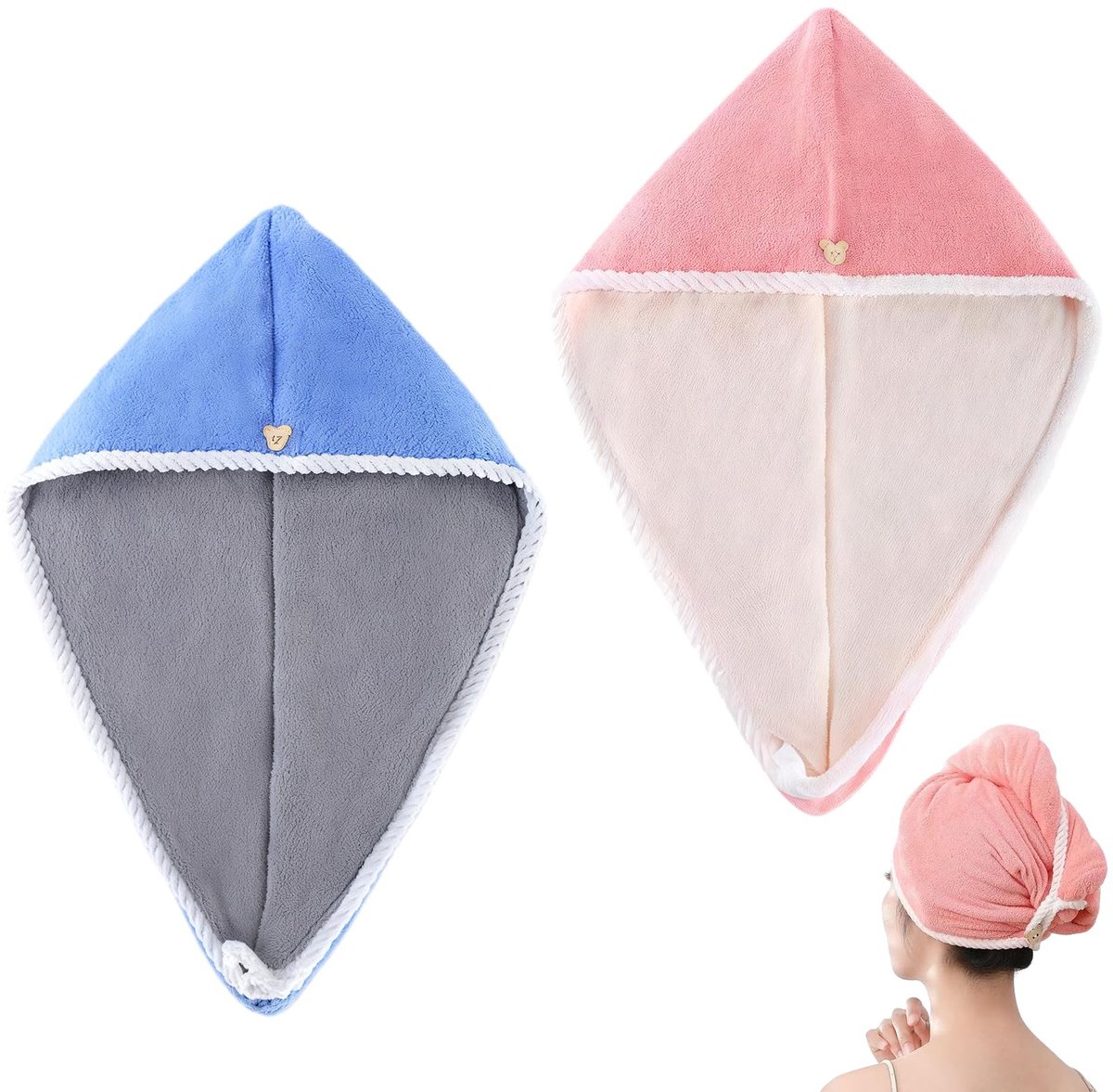 Dailygoods - haartulband microvezel set van 2 – super absorberende en sneldrogende hoofdhanddoek voor dames – koraalfleece haarhanddoek met knoop – roze en grijs – 40 x 65 cm – zachte handdoek voor nat haar