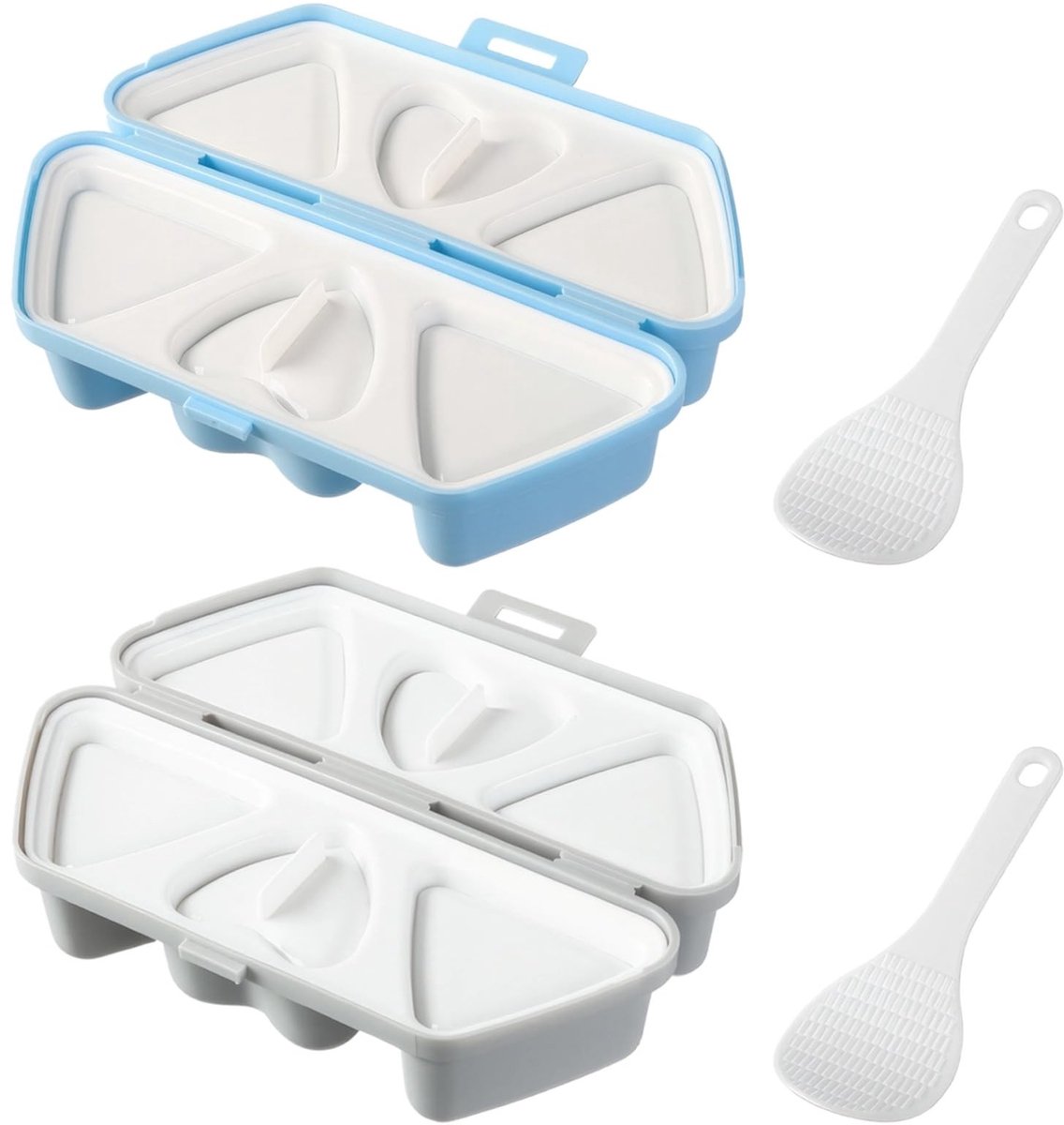 Dailygoods - Rijstvormen voor de kleintje, inclusief rijstvormer en lepel, ideaal voor lunchbox en bento, grijs en blauw ontwerp, 2 stuks driehoekige rijstballenset