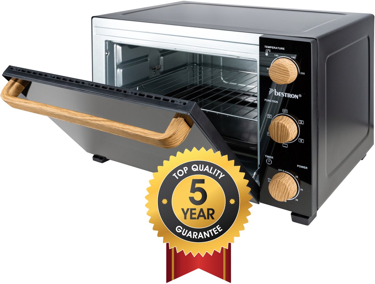 Bestron Grill Oven 1500W - AOV31BW - 31 Liter - Temperatuur tot 230Â°C - Heteluchtfunctie - Grillfunctie - Zwart/hout - 5 jaar garantie