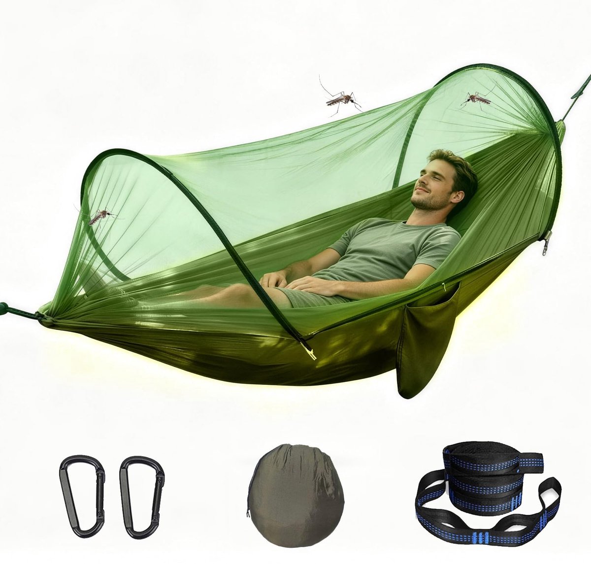 Dailygoods- Hangmat met Muggennet - 300 kg Draagkracht - 260 x 140 cm - Ultralichte Parachutezijde - Inclusief Riemen/Karabijnhaak - Ideaal voor Camping/Tuin - Tweepersoons Hangmat