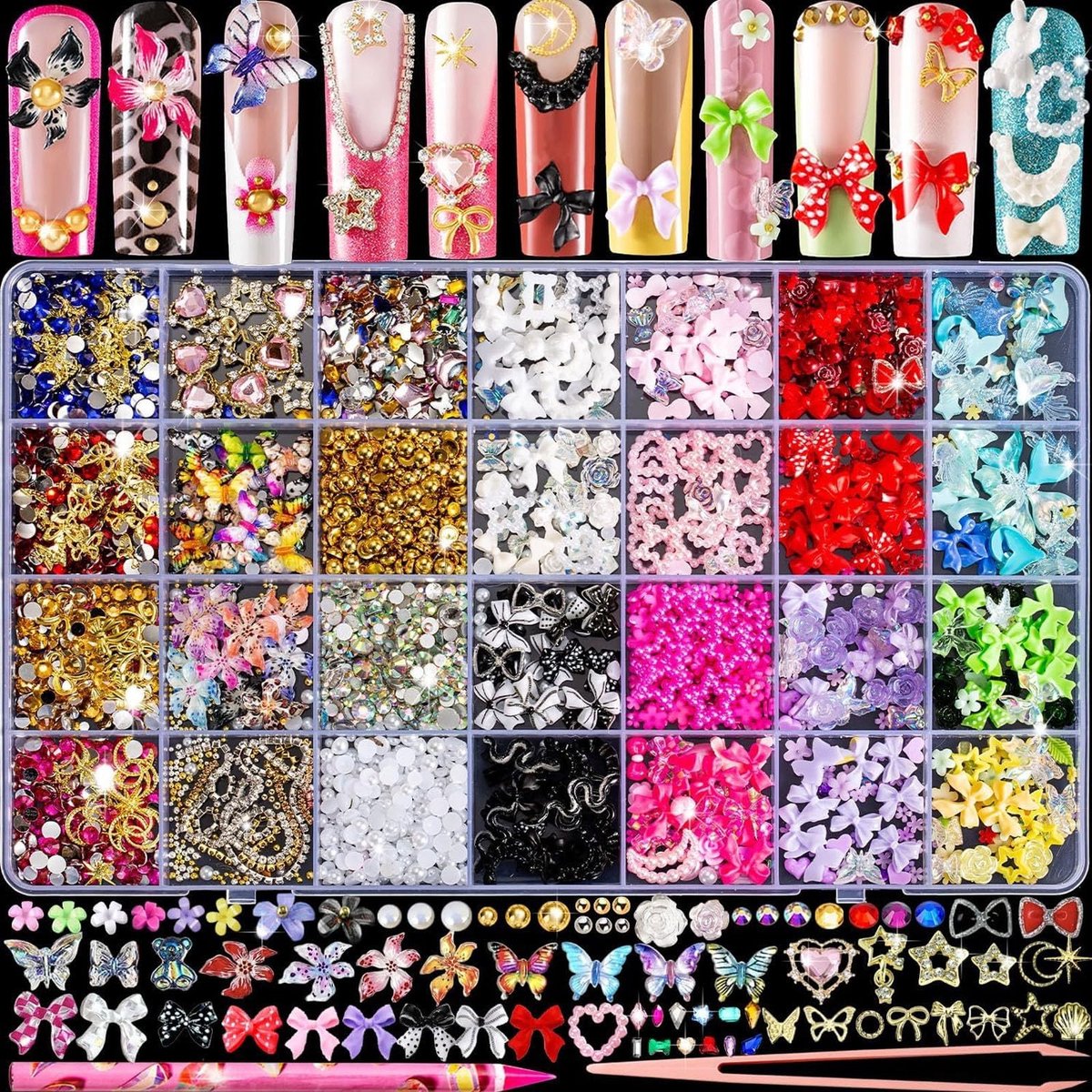 Dailygoods- Nail Art Decoratie 24-delige Set - Strass Steentjes - 3D Nagelbedels - Nagelsieraden - Pincet - Geschikt voor Beginners/Professionals - Nagelversiering