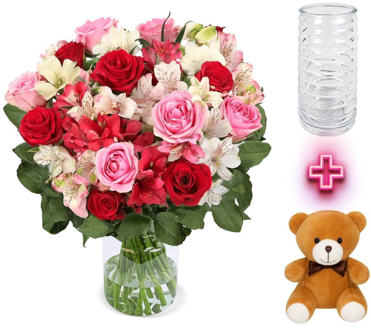 Dailygoods- Bloemenboeket XXL - 30 Stelen Rozen/Inkalilieën - Inclusief Vaas/Teddy - 40-50 cm Lengte - Perfect Cadeau-idee - Handgebonden Kwaliteit - Rozenboeket
