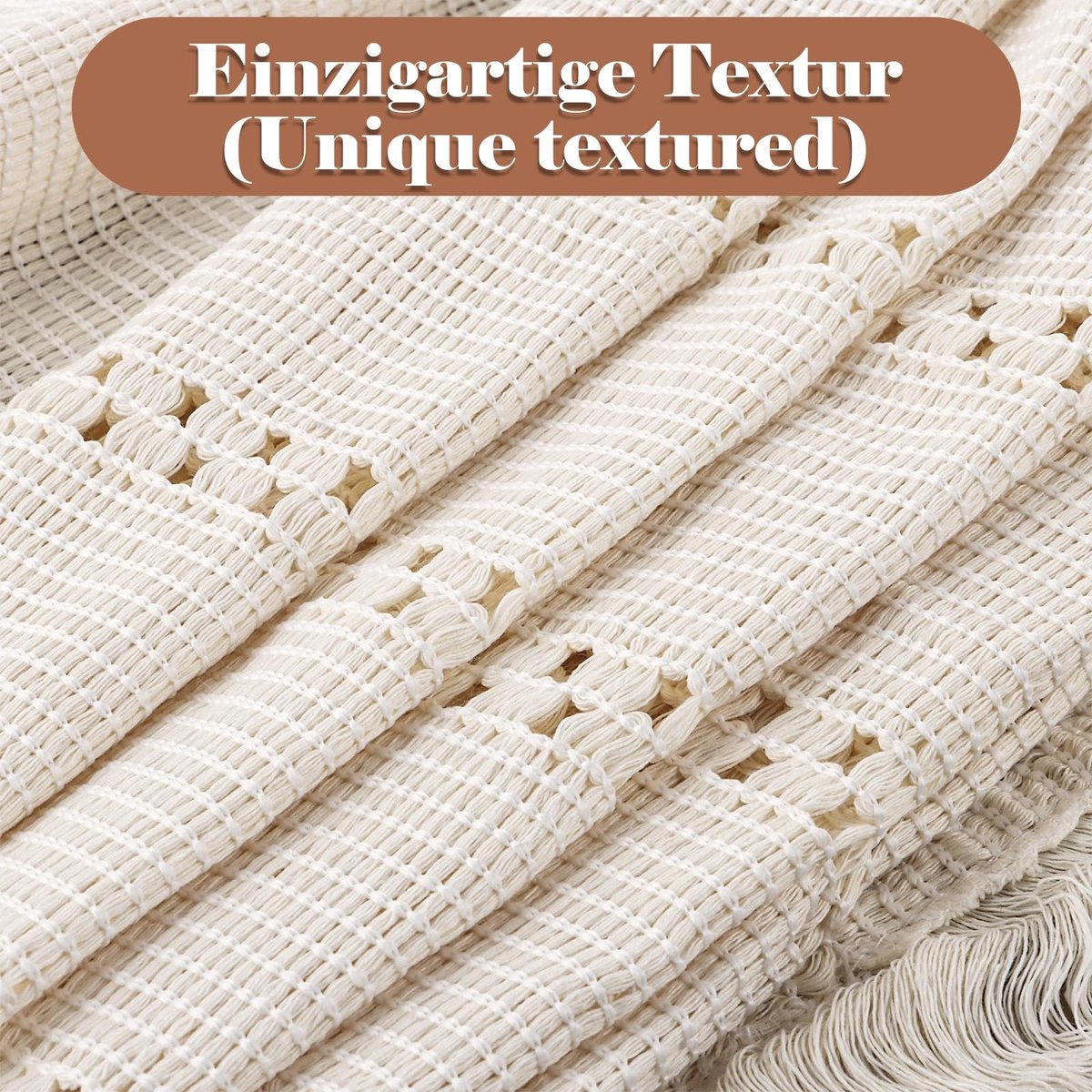 Dailygoods- Tafellopers Boho - 3-delig - Macramé - 30 x 180 cm - Beige - Vintage Linnen met Kwastjes - Tafelkleed