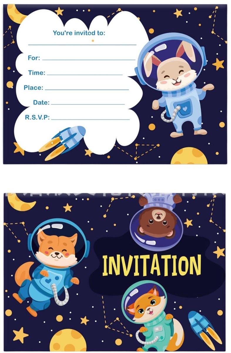 Dailygoods- Uitnodigingskaarten Dubbelzijdig - Ruimte-Astronauten - 36 Stuks - Verjaardagsfeest - Dierenastronauten - Met Envelop - Feestuitnodigingen