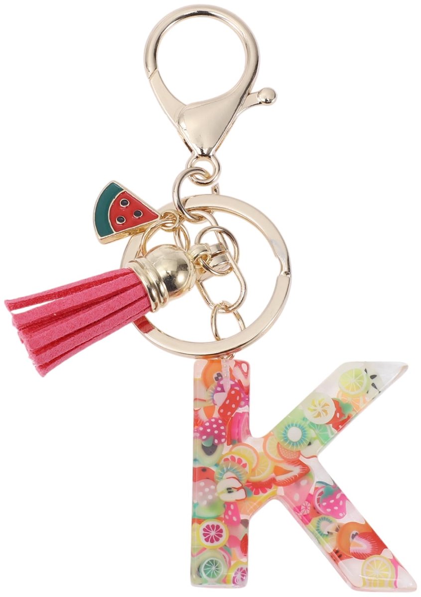 Dailygoods- Sleutelhanger met letter K - Fruitsleutelhanger - Sleutelhanger met kwastje - Sleutelhanger voor vrouwen - Duurzaam harsmateriaal - 9,3 cm lang - Sleutelhanger Met Initialen