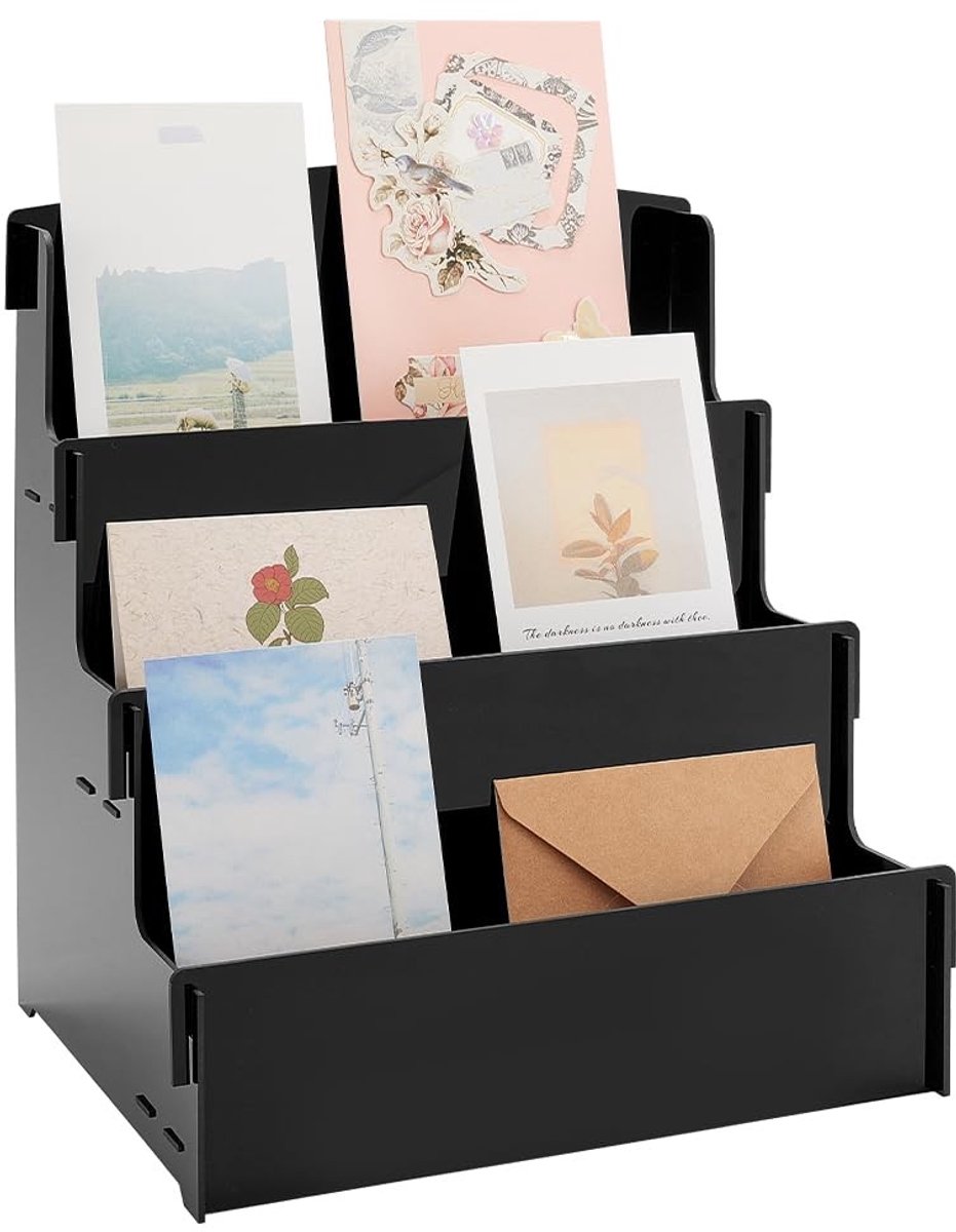 Dailygoods- Wenskaartorganisator Acryl - Display Standaard - Draagbaar - 3 Niveaus - 1 Stuk - 210 mm Breed, 270 mm Lang, 300 mm Hoog - Displaystandaard