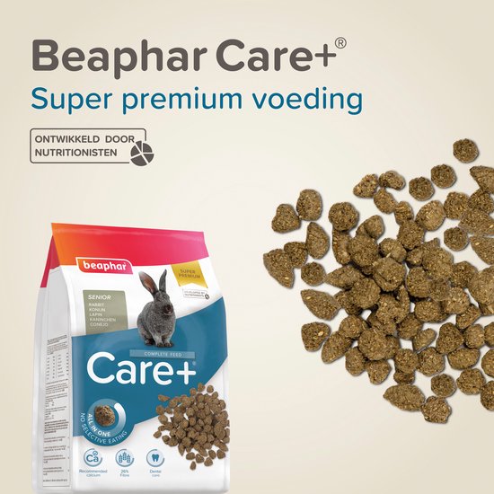 Beaphar Care+ Super premium voeding zak met konijn, brokjes en tekst 'Ontwikkeld door nutritionisten'.