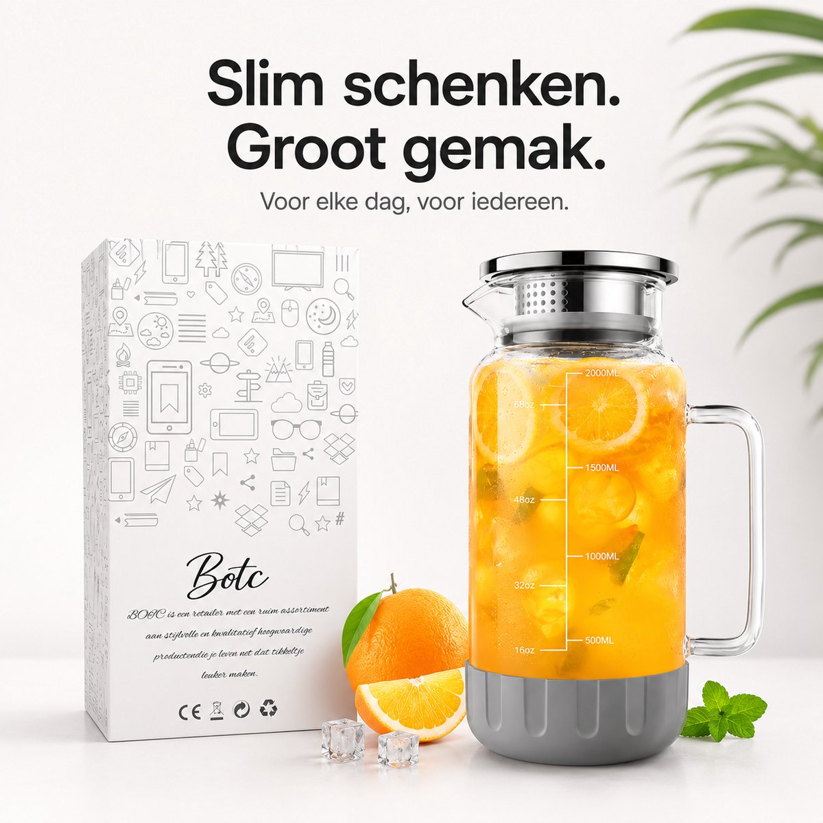 BOTC Karaf van glas - 2L - IJstheekan - Antislip - Siliconen bodem en nauwkeurige Schaalverdeling - voor Koelkast - Grijs — cadeau in Koken & Dineren - foto 7