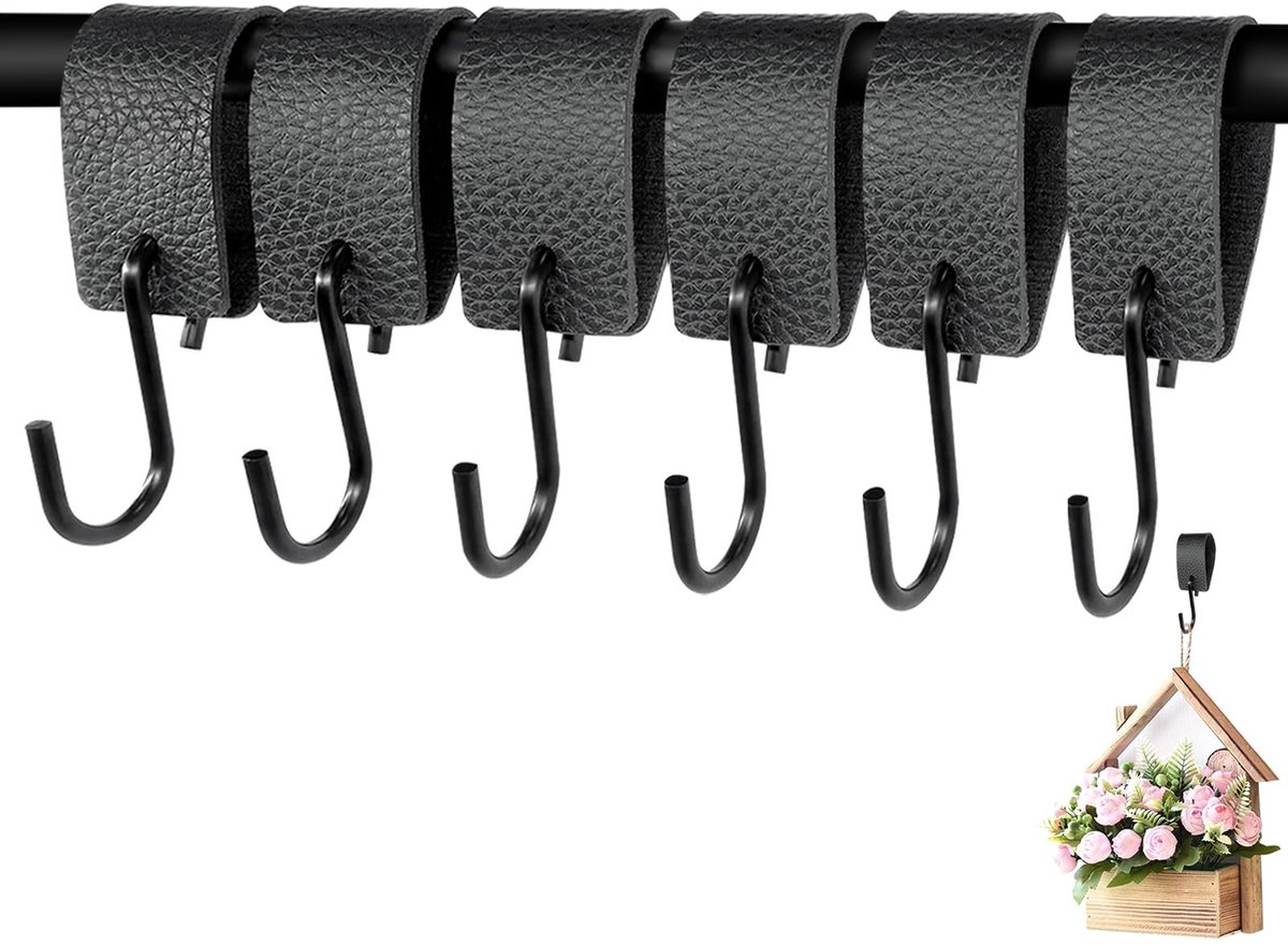 Dailygoods- Kapstokhaken 6 Stuks - S-vormige Haken - Leren Lussen - Zwarte Haken - Metalen Haken - Ruimtebesparend en Stijlvol