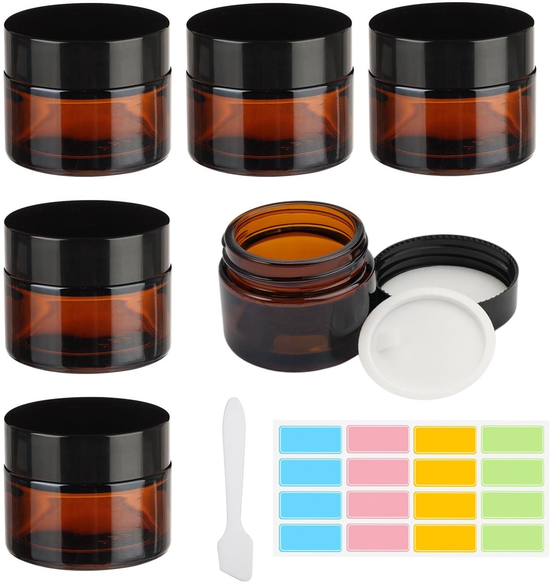 Dailygoods- CrèMepotjes 50 ml - Glazen Potjes - Zalfpotjes - Cosmetica Potjes - Reiscrèmehouder - Inclusief Stickers en Spatel - Cosmeticapotjes