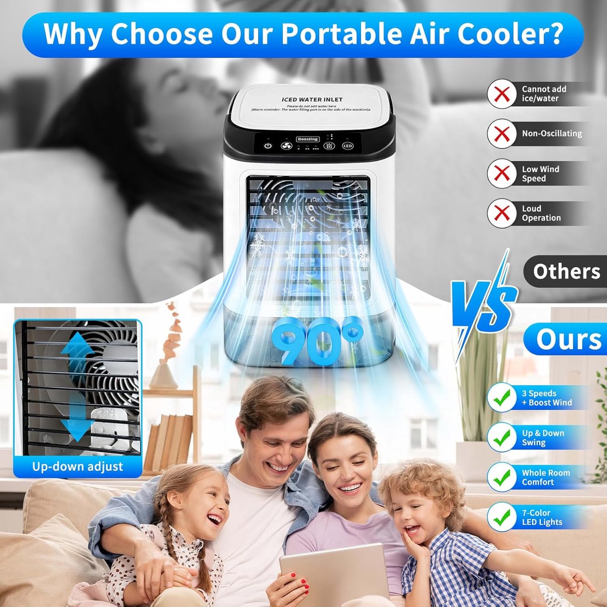 KZQ Draagbare Airco - 4 Snelheden - Verdampingskoeler Met Spray En Ijsblokjesvorm - 900ml Watertank - 7 Led Verlichting - Stille Ventilator Zonder Raam - Voor Thuis Kantoor En Reizen - 1 Stuk – foto 2
