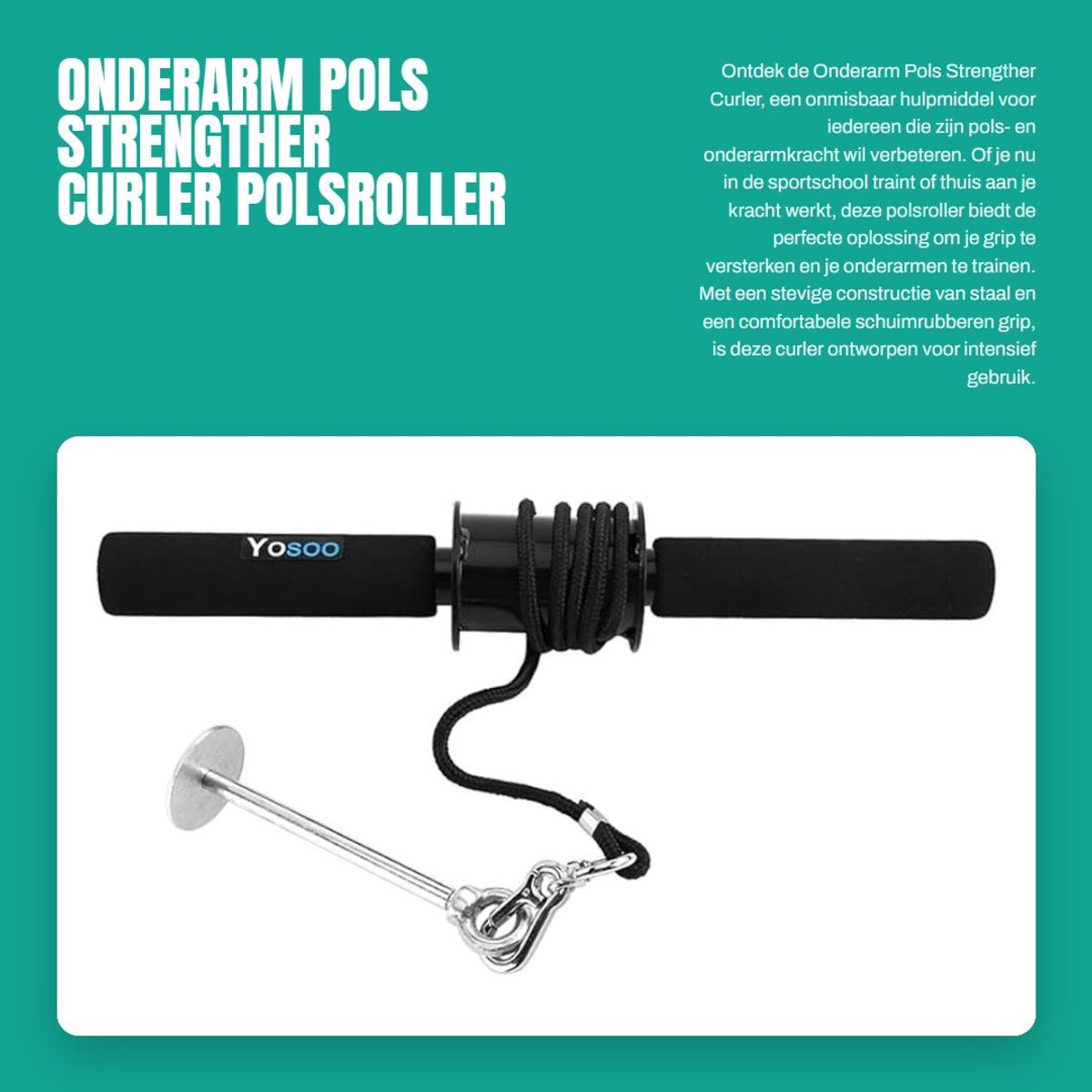 Dailygoods- Polsroller met Schuimrubberen Grip - Krachttraining - Onderarmtrainer - Stalen Constructie - Duurzaam Nylon Touw - Geschikt voor Halterschijven
