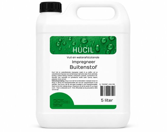 Een witte jerrycan van 5 liter met een groen en wit label. Het label toont HUCIL, 'Vuil en waterafstotende Impregneer Buitenstof' en een afbeelding van waterdruppels.
