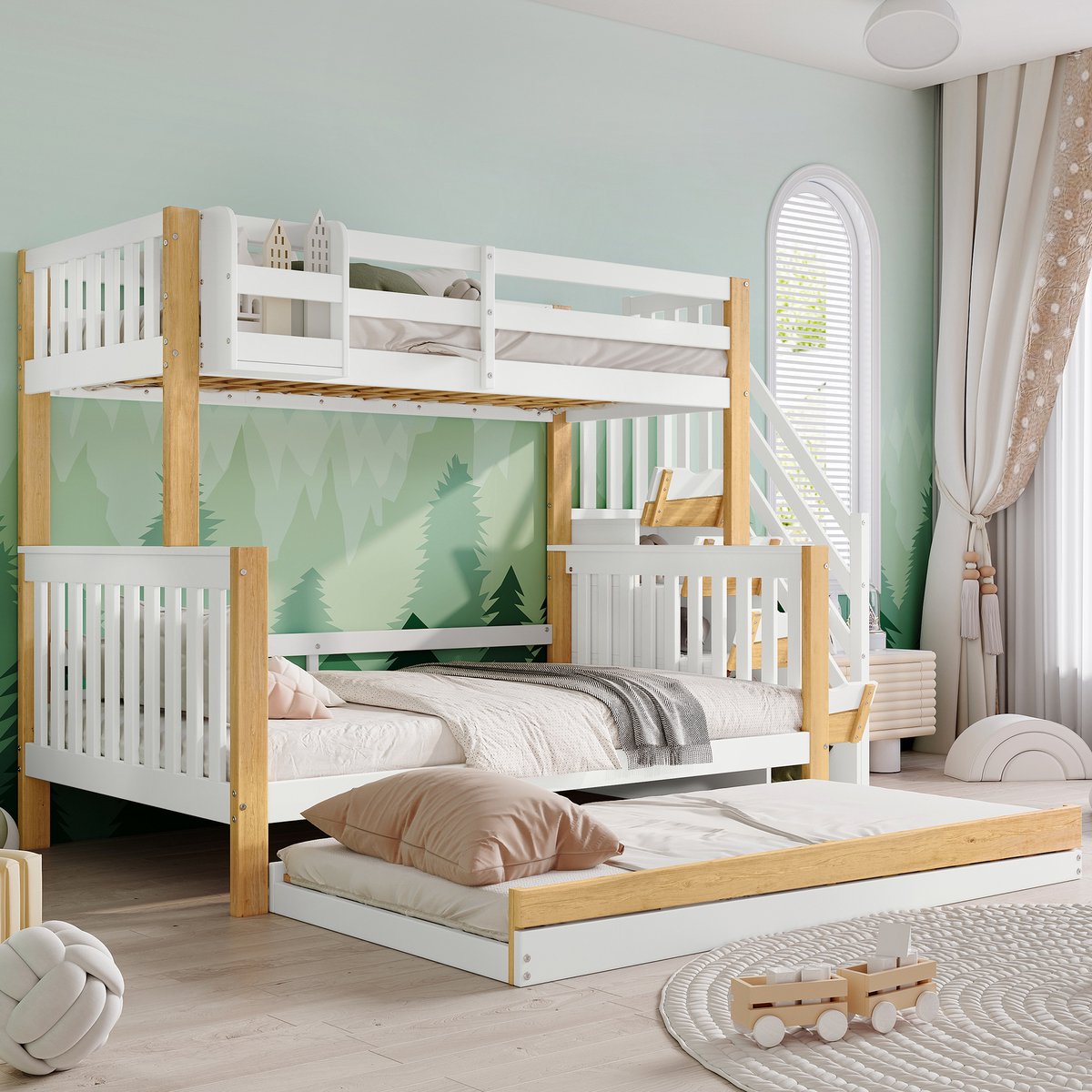 MEUNIQ stapelbed voor kinderen 90x200 en 120x200 met rolbed 90x190, hoektrap met 4 opbergvakken, uitvalbeveiliging en opbergrek, wit naturel