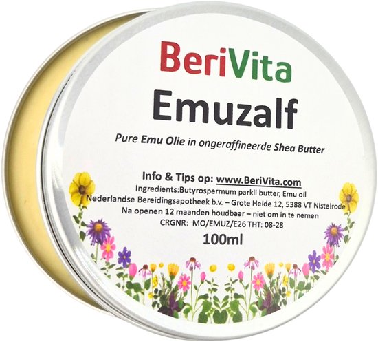 BeriVita Emuzalf blik met bloemenrand. Pure Emu Olie in ongeraffineerde Shea Butter.
