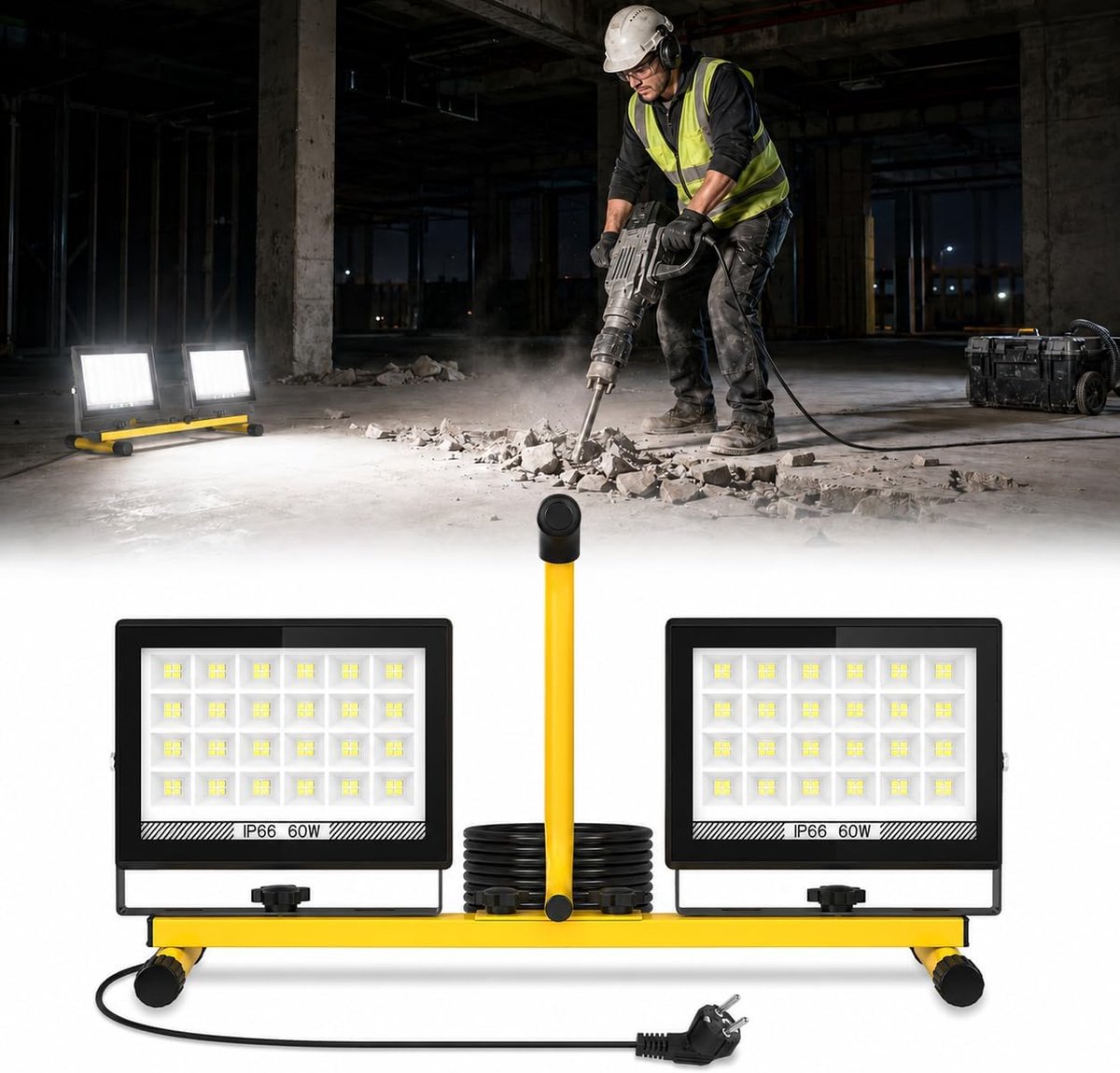LED bouwlamp 2 x 60W - 12000 lumen koud wit - IP66 waterdicht - ideaal voor werkplaatsen - ShopVlot