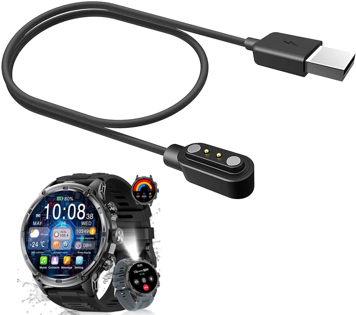 Oplaadkabel voor LIGE Military Smartwatch 1.85 inch - USB-compatibel - Voor snel opladen - 1 stuk - ShopVlot