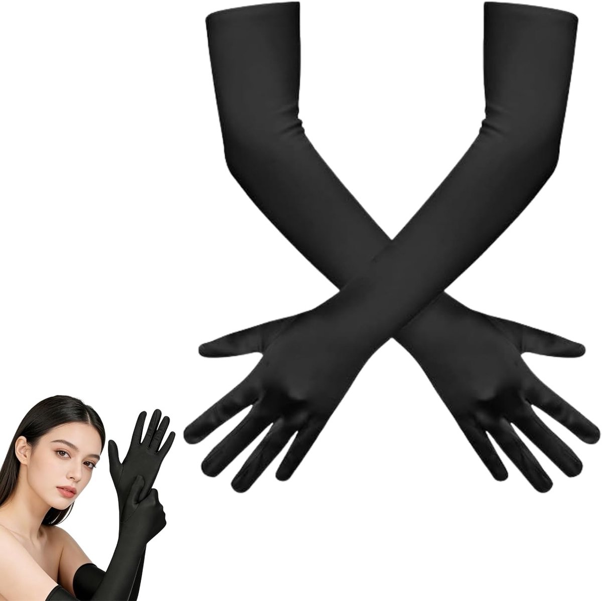 Lange zwarte satijnen handschoenen 43 cm - elastisch spandex - elegante retro stijl - ideaal voor bruiloften - ShopVlot