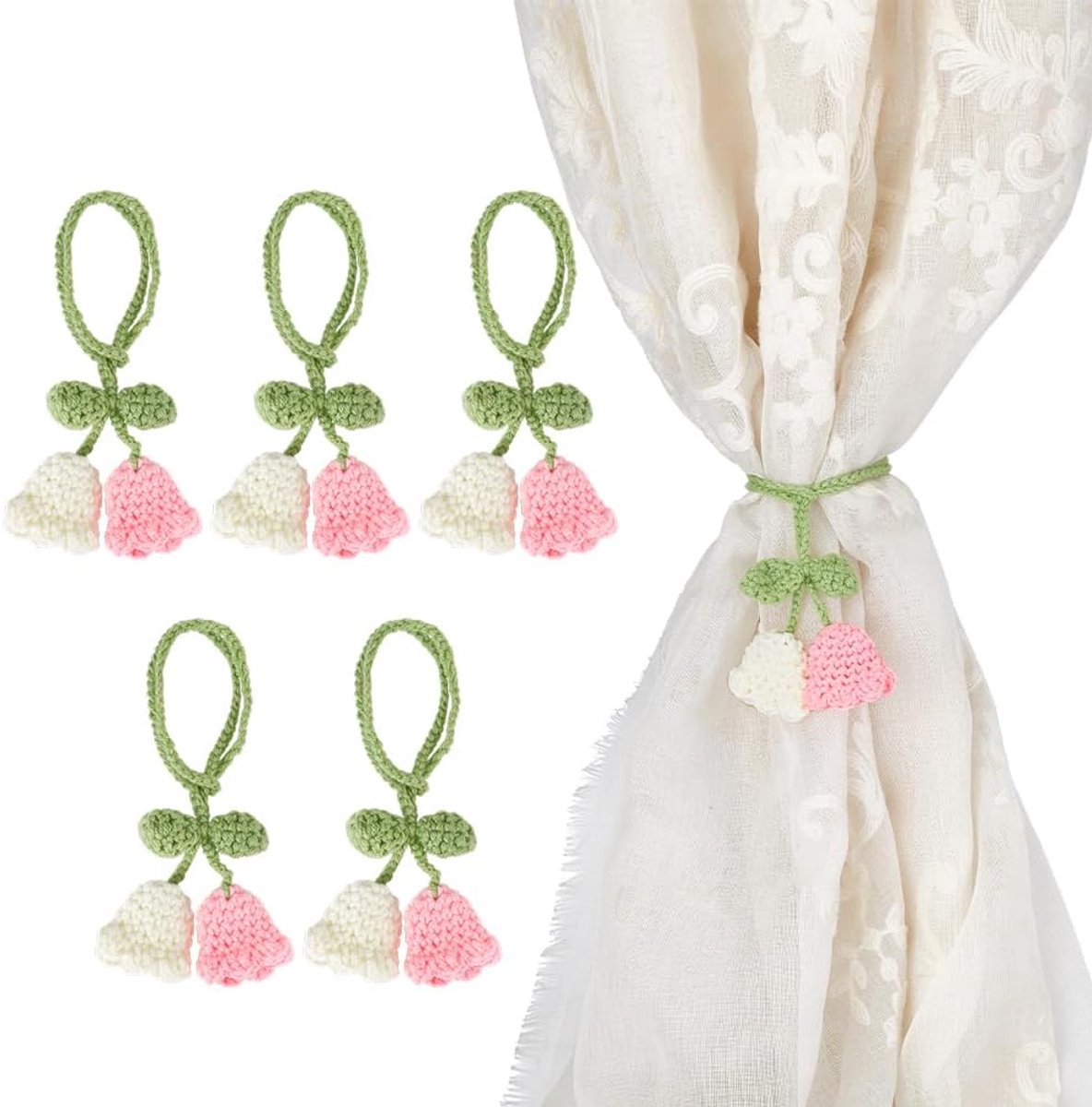 Gordijnbanden 24,5 cm - Handgemaakt lelietje-design - Wit en roze - Decoratieve raamdecoratie - ShopVlot