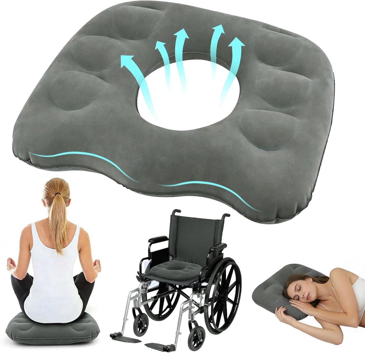 Opblaasbaar Donut Kussen 45x39 cm - PVC met Viltoppervlak - Voor Coccyx Pijn - Ideaal voor Reis - ShopVlot