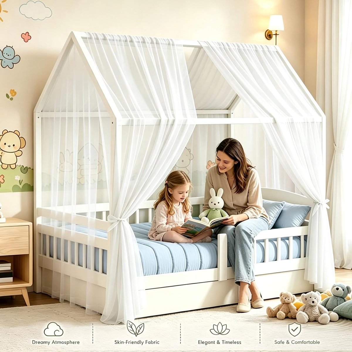 Huisbedhemel set 2 stuks 150 x 350 cm - 100% biologisch katoen - ademend en decoratief - ShopVlot
