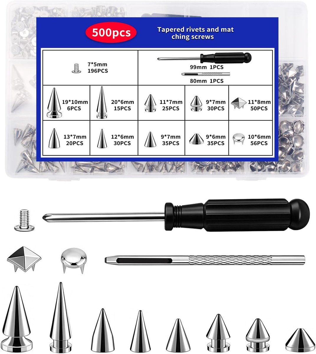 Nieten set 500-delig - schroefnieten pyramide - zilver - ideaal voor kleding en leerbewerking - ShopVlot