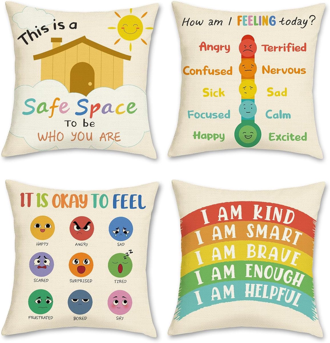 Calming Corner Pillow Slips, Sun Rainbow Kids Polyester Decorative Pillowcases for Sofa Bed Home Classroom Reading - ShopVlot