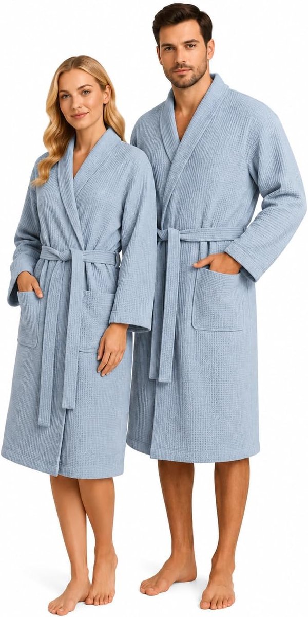 Bathrobe Women and Men Cotton 100% - SPA & Sauna Bathrobe Waffle Pique, Absorbent Dressing Gown Oversize, Unisex - ShopVlot