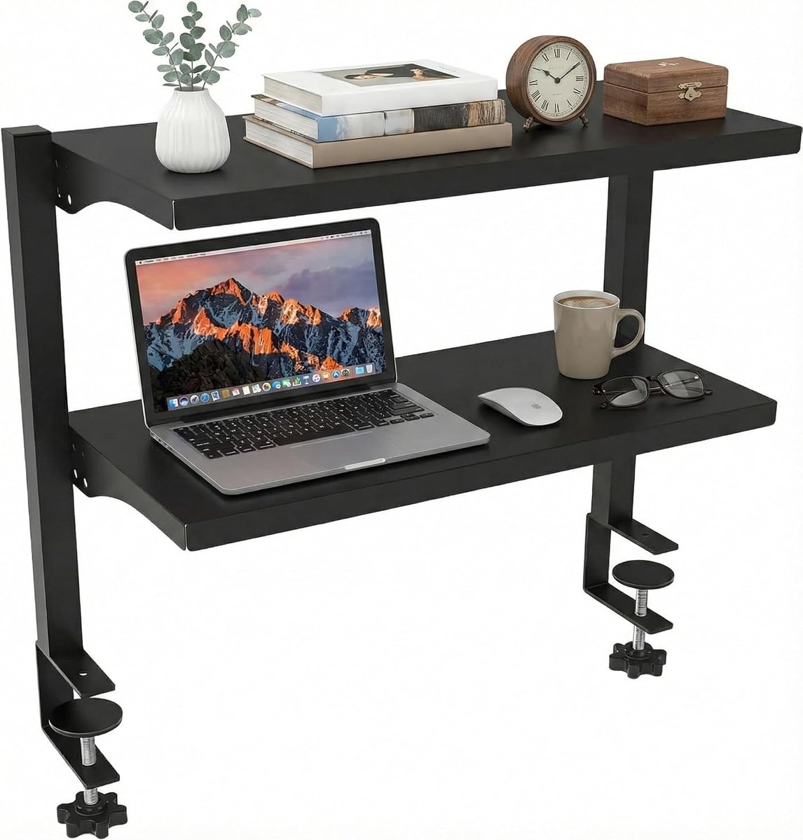 Table Shelf, Desk Shelf, Clamp-On Shelf, 2 Floors, Black, Clamping Shelf, Desk Organiser, Desk Extension, Under Desk - ShopVlot