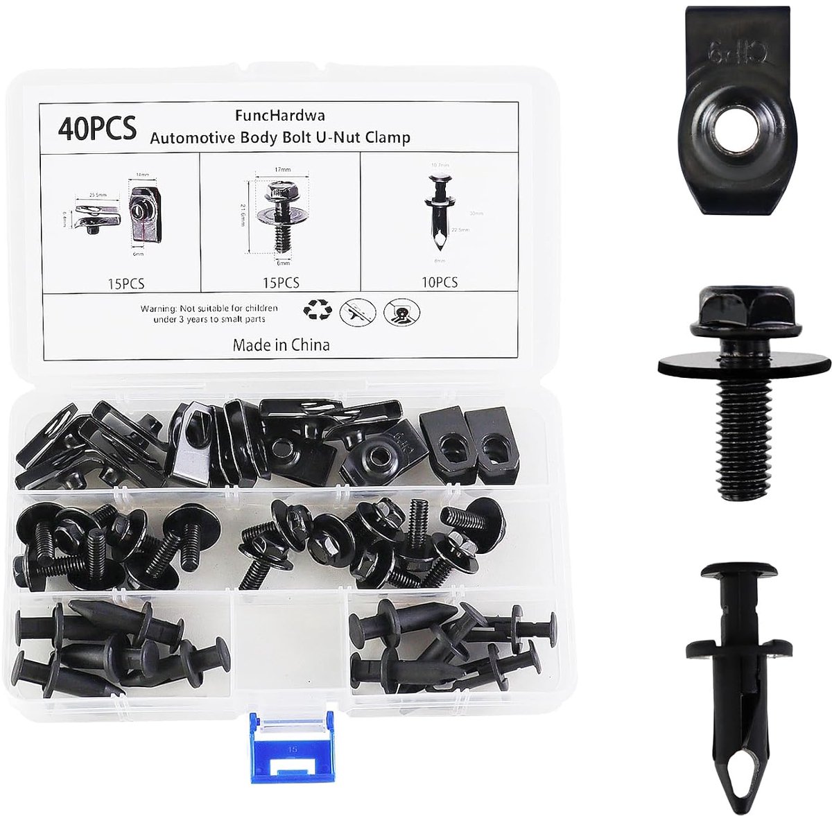 Set van 70 autobouts en clips, zwarte auto-U-clips met lichaamsbouten en plastic push-klinknagels - ShopVlot