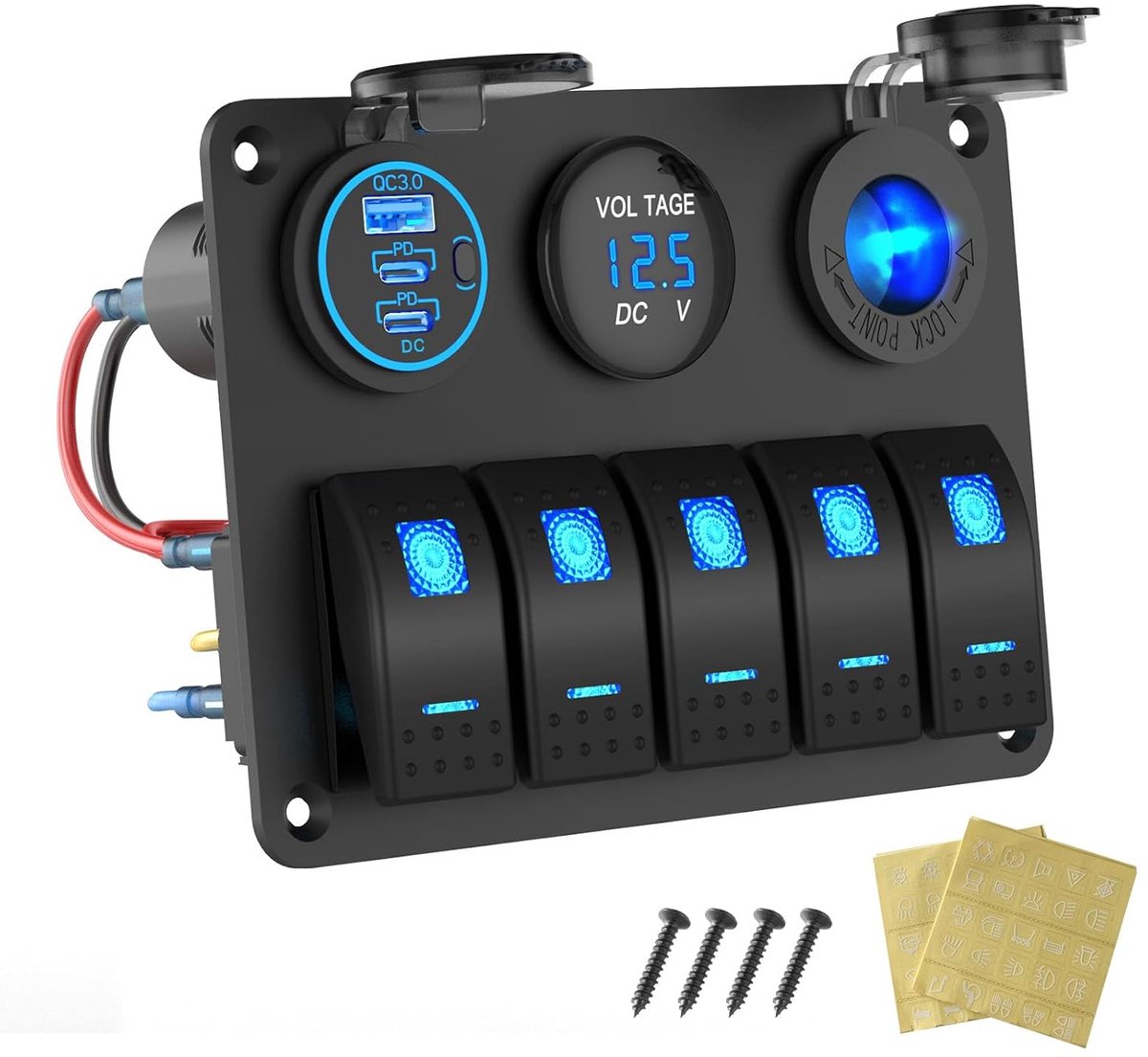 Marine Boat Switch Panel Waterproof, 5 Gang Marine Rocker Switch Aluminum Panel with 3 Port 66W 12V USB Socket Car - ShopVlot