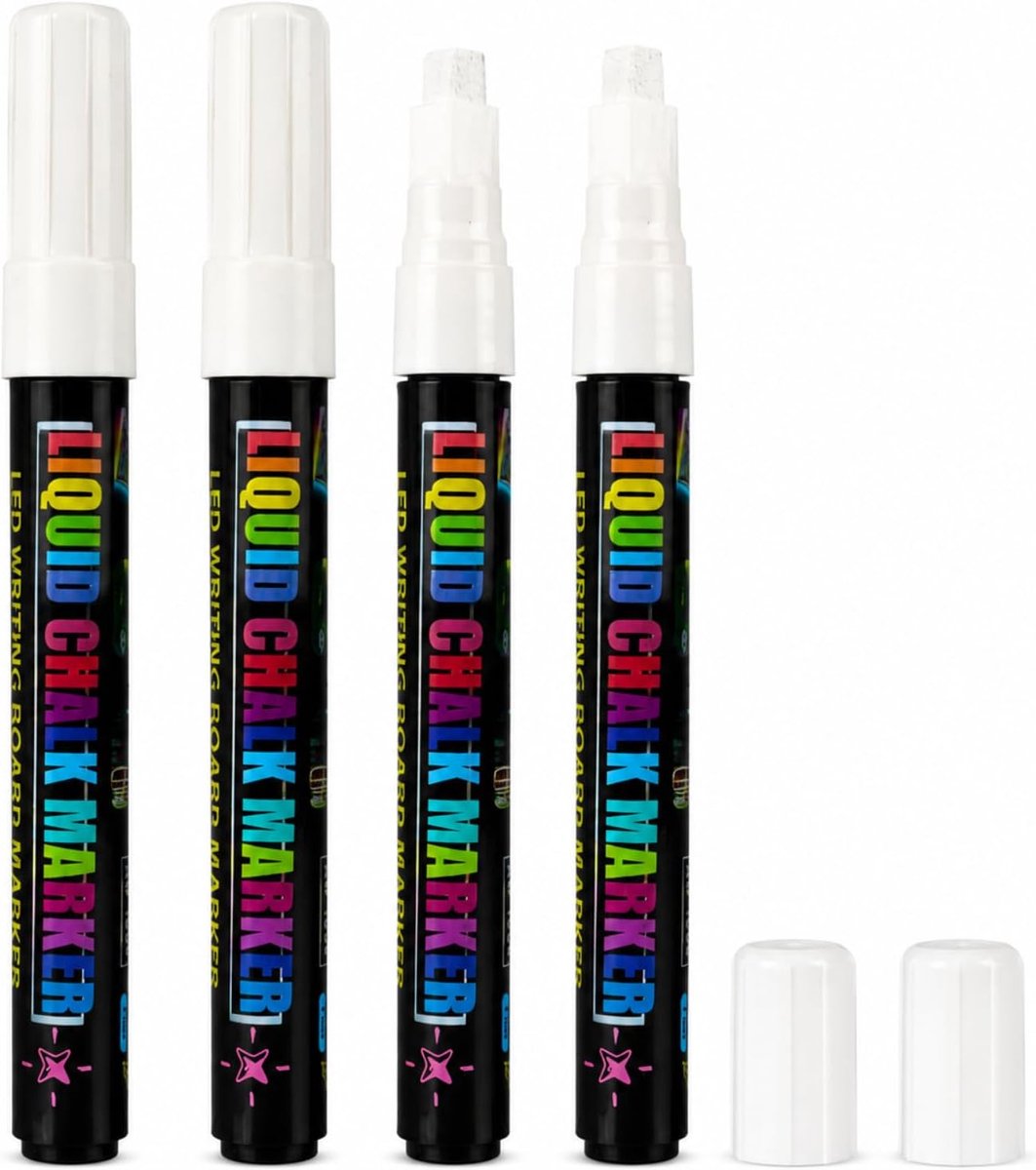 Witte krijtmarker, 4 stuks, in water oplosbaar en afwasbaar, voor whiteboards, flip-chart glas, punt 4-7 mm, school - ShopVlot