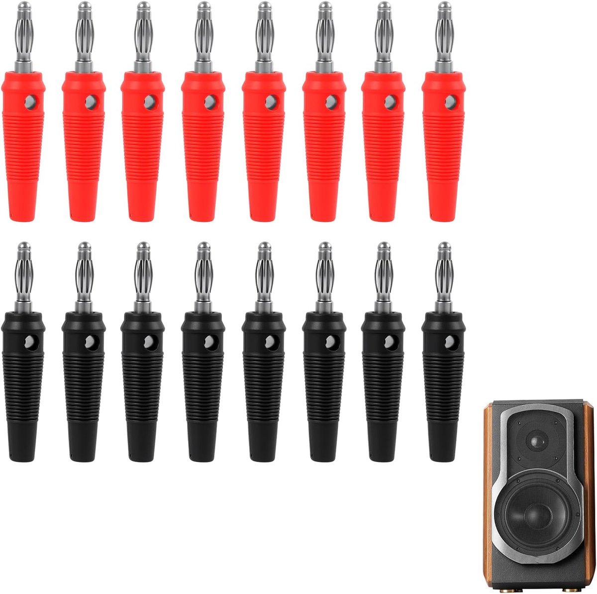 Bananenstekker, 4 mm, met zachte rubberen huls, 8 rood en 8 zwart, vernikkeld ijzer, naadloze luidsprekerconnectoren - ShopVlot